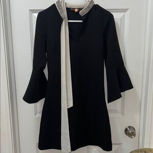 Black Dress with Ivory Scarf and Embellished Collar